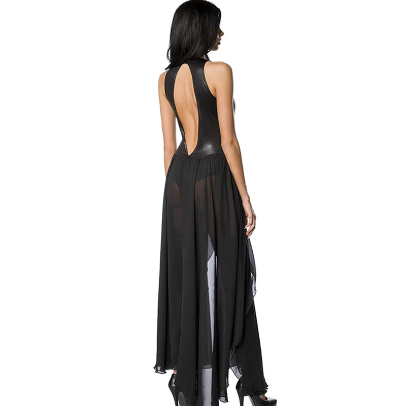 Sexy Wetlook Deep V-neck Backless Body Suit Erotic Women Faux Leather Lingerie Dress Black Pvc Catsuit with Chiffon Skirt (2)