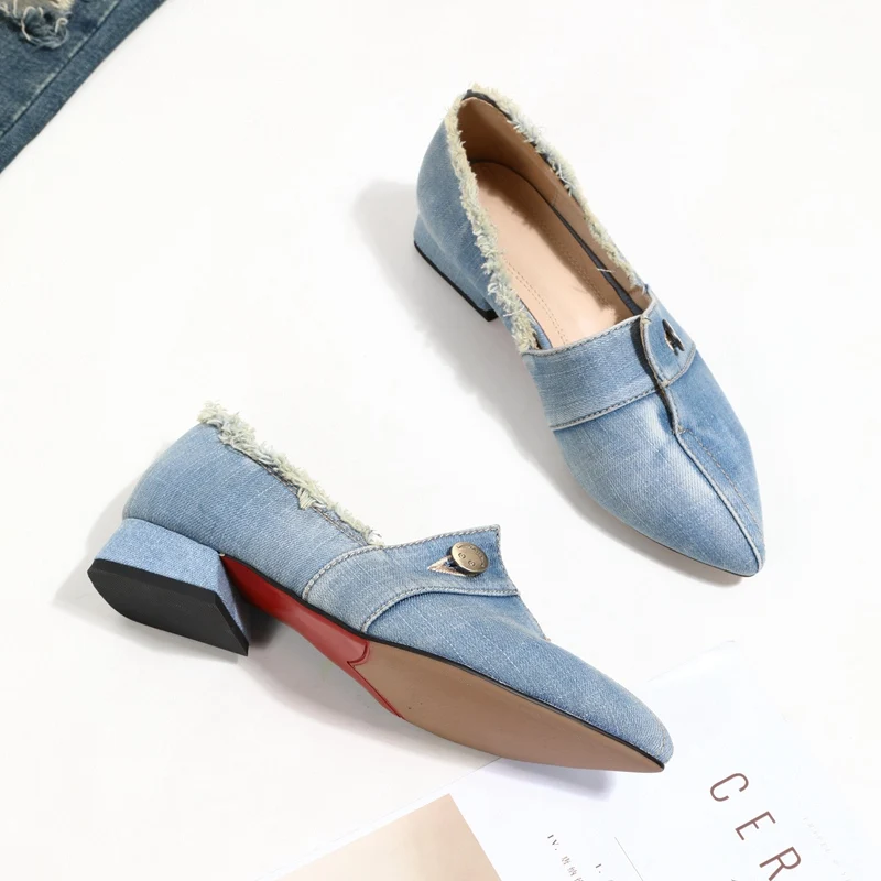 SIMLOVEYO/джинсовые туфли-лодочки обувь с острым носком женские демисезонные лоферы на низком каблуке 3 см, темно-синие сандалии без застежки размер 39, 40 - Цвет: Light blue