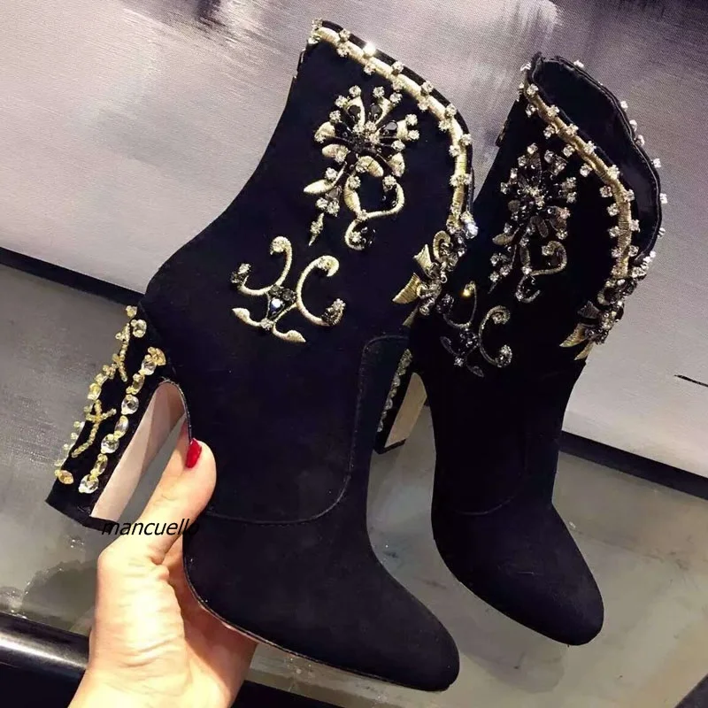 Elegant Luxurious Black Suede Crystal Embroidery Ankle Boots Women Retro Style Crystal Jewelry Decorated Block High Heel Boots