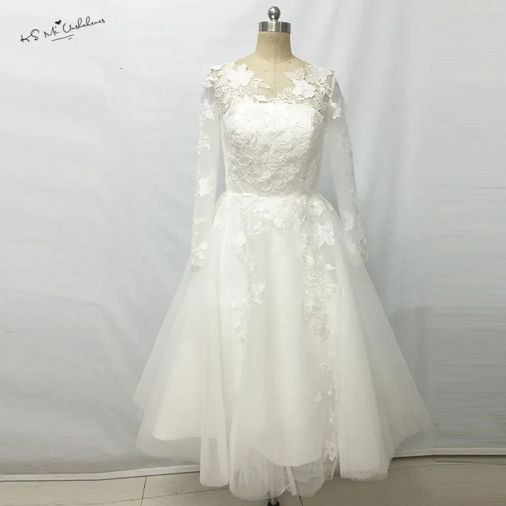 Mejor Promo 2017 Retro Navidad Encaje Te Longitud Vestidos De Novia Manga Larga Vintage Corto Boda Vestido De Novia Casamento Vestido Noiva Curto May 2020