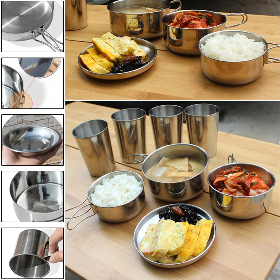 

Brand New 8Pcs Stainless Steel Picnic Pot Pan Cup Kit Backpacking Cookware Plate Bowl Pan Cover for Outdoor Camping Cooking Set