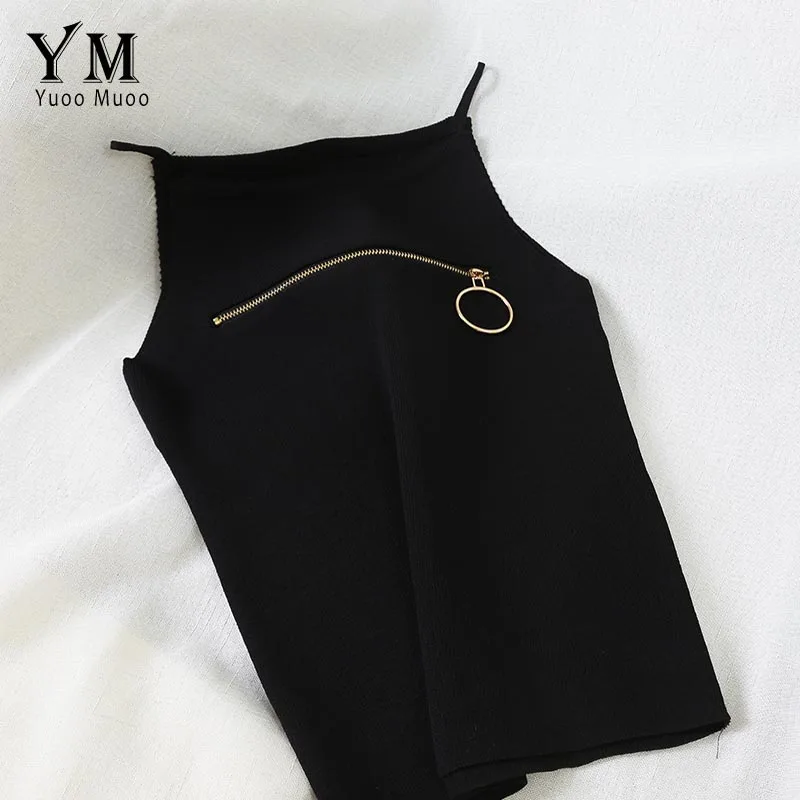 YuooMuoo Korean Style Streetwear Tank Top Women Camis Zipper Design Spaghetti Strap Summer Knitted Vest Top Chic Festival Tops - Цвет: Черный