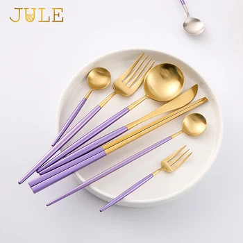 

Korean Purple Dinnerware Set 18/8 Stainless Steel Dinner Knife S poon Fork Sets Western Restaurant Golden Tableware Cutlery Sets