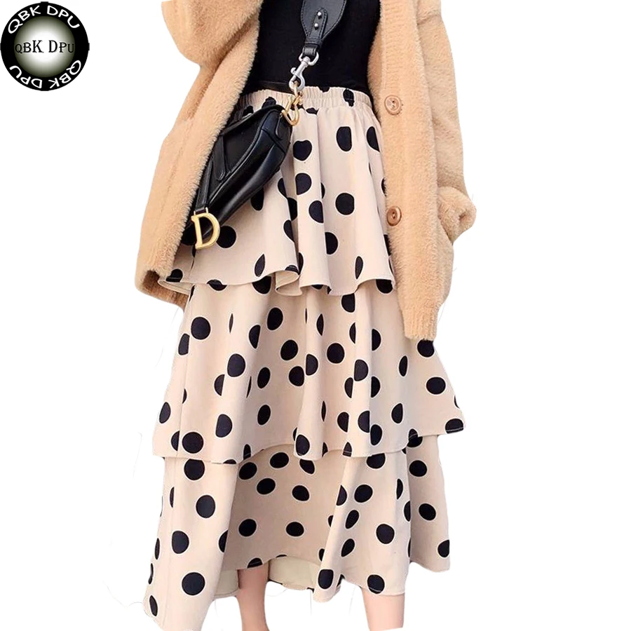 Billig Frauen Hohe Taille Chiffon Rock Frühjahr Neue frauen Süße Polka Dot Print Müde Kuchen Röcke Schwarz Weiß Khaki Midi a linie Röcke