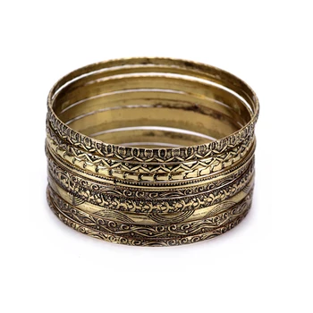 

11 Pcs/Set Vintage Indian Bangles Sets Lady Metal Bangle Set Women Metal Untique Bronze Bracelets Wholesale Lots Jewelry