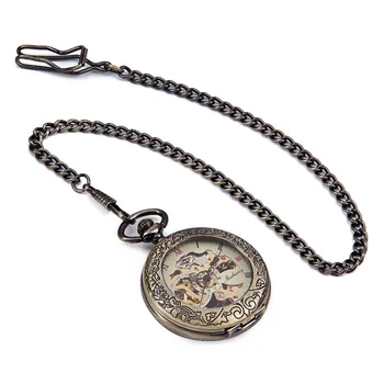 

20PCS A LOT Bronze Tone Men's Skeleton Hollow Case Engraved hand Wind Up Mechanical Pocket Watch Chain New Nice Gift HALF HUNTER