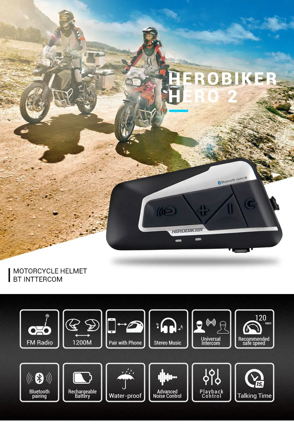 HEROBIKER мотоциклетный домофон Мото шлем водонепроницаемый беспроводной Bluetooth гарнитура мото гарнитура с fm-радио для 2 аттракционов 1200 м