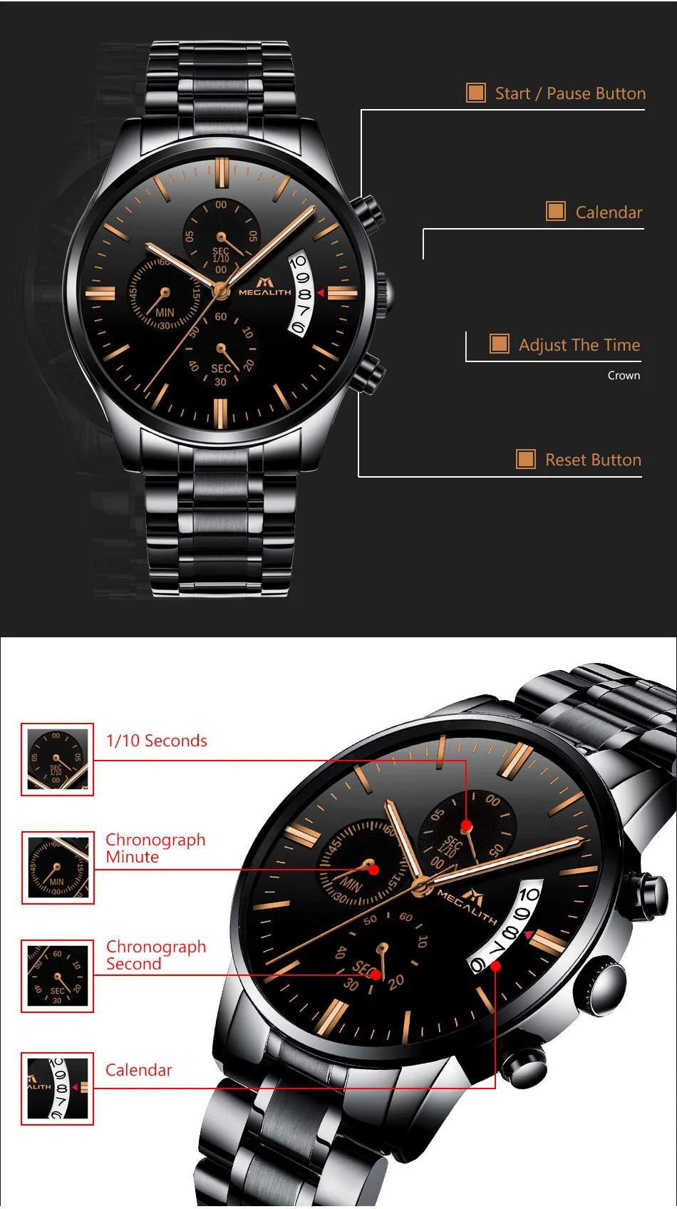 MEGALITH мужские часы лучший бренд класса люкс водонепроницаемые Chronogra наручные часы Дата Календарь Часы мужские военные спортивные Horloges Mannen