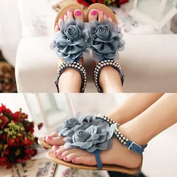 

ABDB Gladiator Sandals for Women Bohemia Beaded Summer Flower Flat Heels Flip Flops Women's Shoes Tstraps Sandals