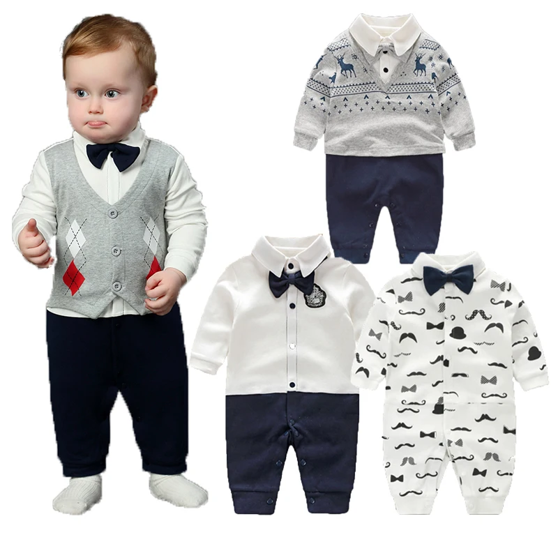 

100% Cotton Baby Girl Jumpsuit Toddler Gentleman Longsleeve Rompers Newborn One Piece Bow or Tie Baby Boy Clothes