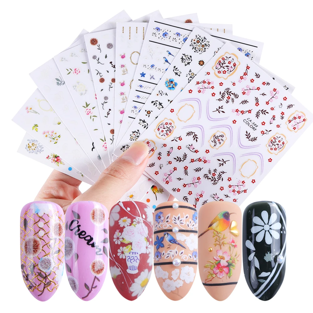 1 лист Горячая цветная наклейка с цветами для ногтей белые синие накидки с цветочным узором для маникюра 3D слайдер для украшения ногтей