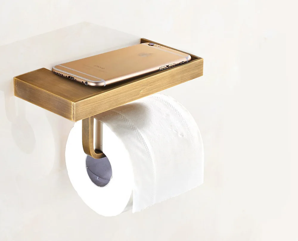 Solid Brass Bathroom Paper Phone Holder with Shelf Bathroom Mobile