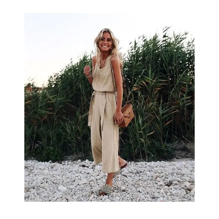 2019 Summer Women Sleeveless Wide Leg Jumpsuits Sashes Fashion Cotton Linen Belt Casual Solid Jumpsuit Loose Long Rompers 2019 Summer Women Sleeveless Wide Leg Jumpsuits Sashes Fashion Cotton Linen Belt Casual Solid Jumpsuit Loose Long Rompers