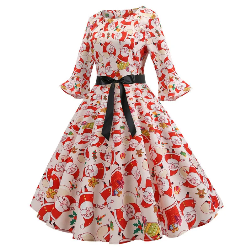 Винтажное рождественское платье с принтом, женское элегантное вечернее платье с рукавом-лепестком, одежда для девушек, повседневное зимнее платье миди размера плюс