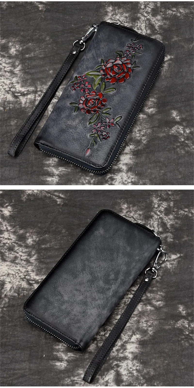 PNDME fashion vintage designer handmade embossed genuine leather ladies long wallet clutch bag flowers female purse for women