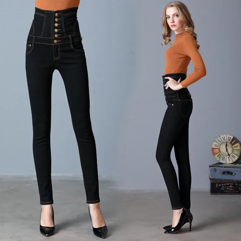 

Slim High Waist Jeans Female Skinny Pencil Denim Pants Plus Size 4XL 5XL 6XL Women Jeans Bandage Black Jeans Long Trousers