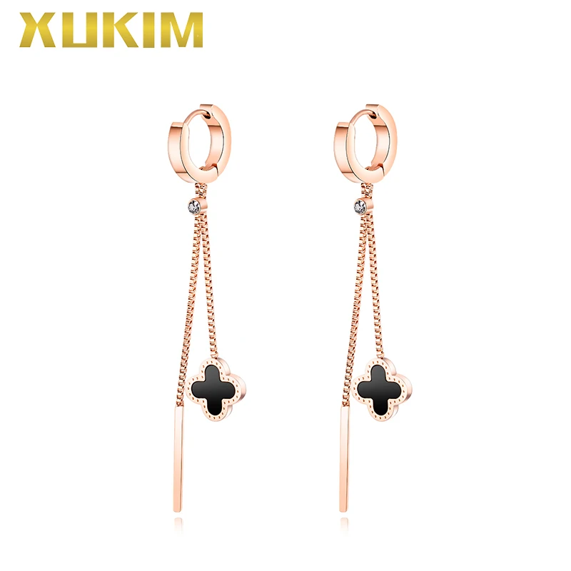 

WEO318 Xukim Jewelry 2019 New Design Fashion Four Leaf Clover Stick Women Rose Gold Tassel Hoop Earrings