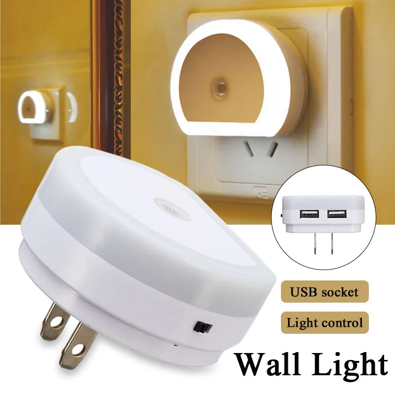 

New LED Night Light With Dual USB Port Phone Charger Wall US Plug Light Sensor Control Socket Day And Night Sensor Wall Light