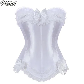 

White Satin Overbust Corset with Zipper Side Bowknot Showgirl Body Shaper Top Sexy Lace up Corset Bustier Plus Size S-6XL