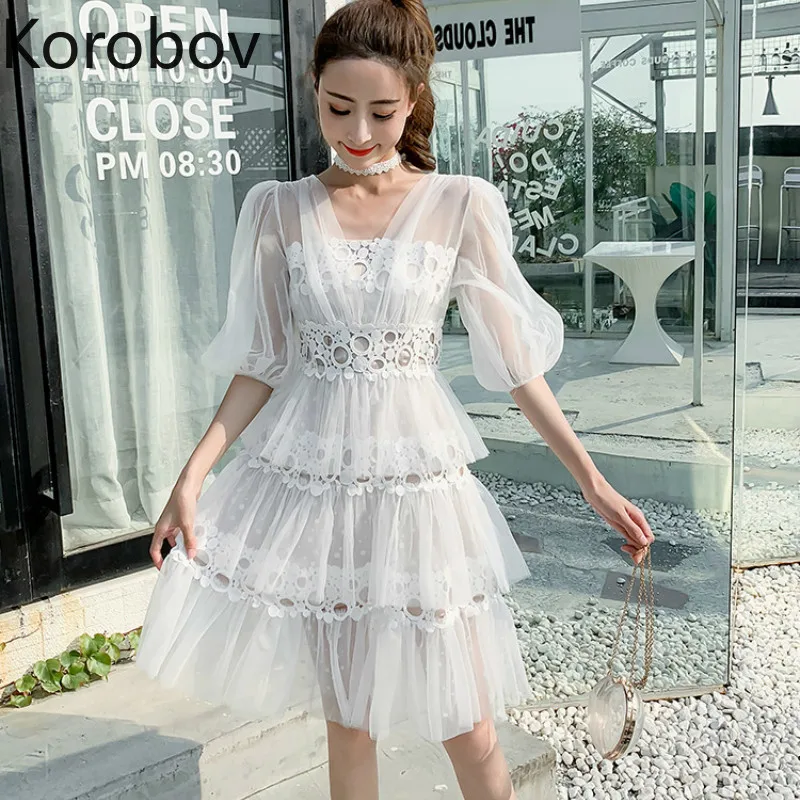 

Korobov Summer Sweet Lace Hollow Out Elegant Party Dress Women Puff Short Sleeve Slim Korean Dresses Beach Cake Vestido 77578