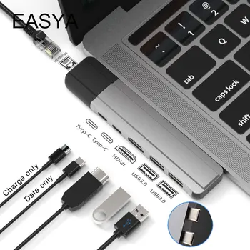 

EASYA USB C Hub to HDMI Ethernet Rj45 Adapter with PD Power Hub 3.0 Port Type C Dock for MacBook Pro/Macbook Air 2019 USB-C