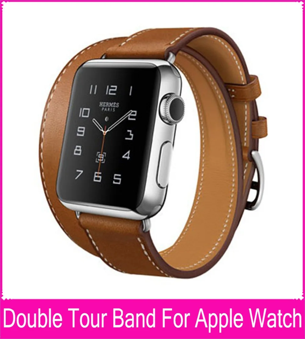 Extra Long Genuine Leather Band For Apple Watch Double Tour With Original Stainless Steel Adapters Both