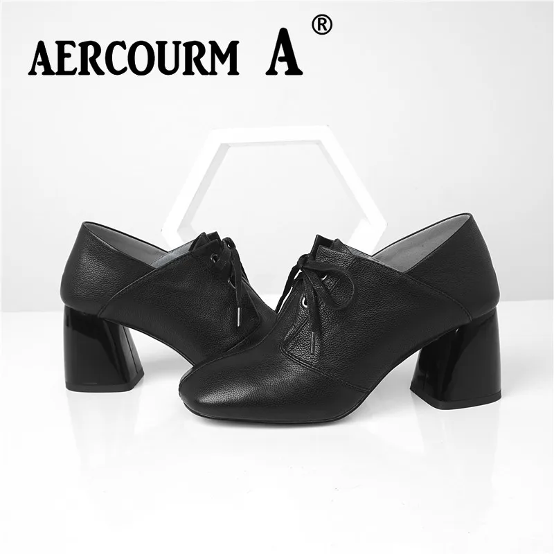 Aercourm A/ г. женские туфли-лодочки на высоком каблуке со шнуровкой Женская обувь из натуральной кожи туфли-лодочки на квадратном каблуке новая весенняя обувь с квадратным носком
