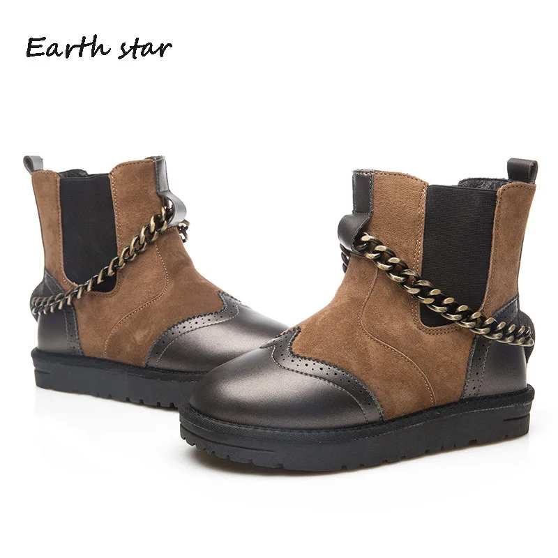

botas mujer Shoes Women Fashion Brand Warm Snow Boots Lady chaussure Winter New Female footware Metal Chain Ankle Boots Black