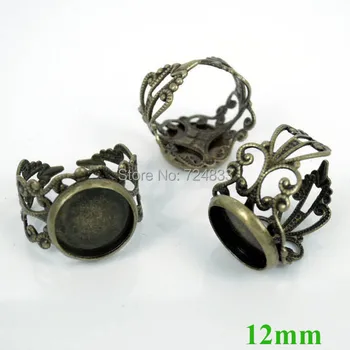 

12mm Bronze tone Hollow Flower Round Bezel Pad Adjustable Ring Blank Bases Settings