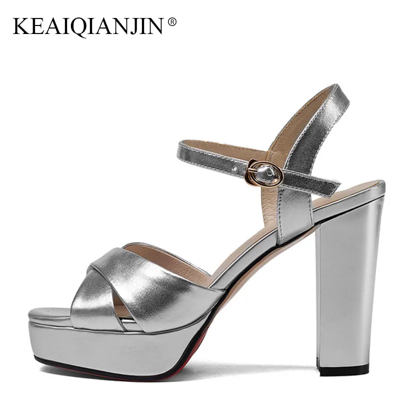 

KEAIQIANJIN Woman Silvery Genuine Leather Sandals Fashion Sexy Black High Heels Shoes Plus Size 33 Genuine Leather Party Sandals
