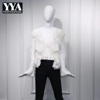 

New Spring Lace Spliced Ruffles Korean Flare Sleeve Shirts Women O-Neck Fashion White Slim Sexy Party Sweet Tops Pullovers 2019