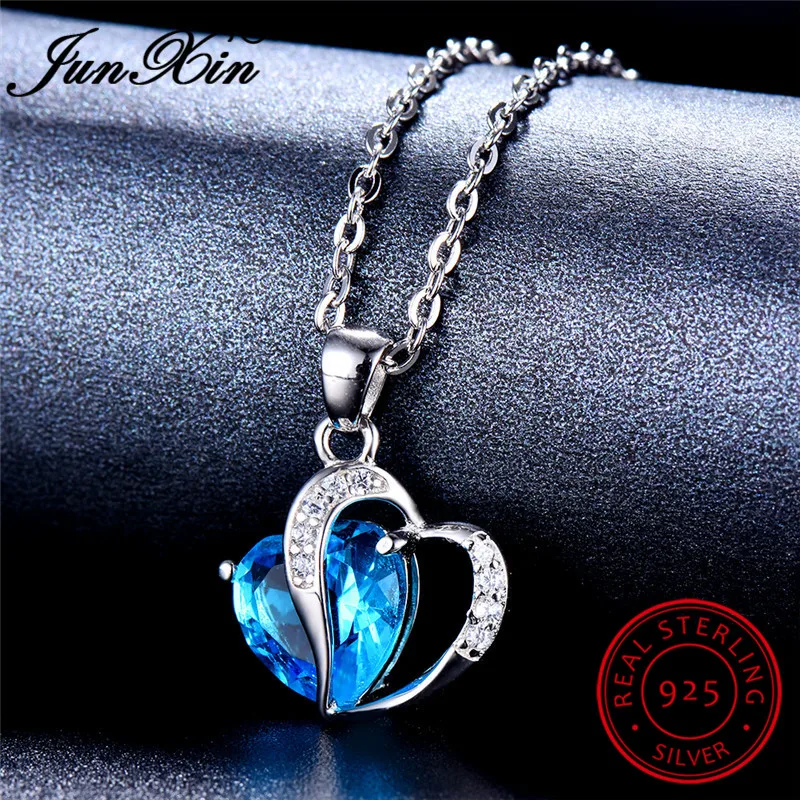 JUNXIN 100% натуральная 925 пробы серебряный кулон сердце фиолетовый цвет: желтый, Белый Синий цирконовый камень свадебные ожерелья для Для