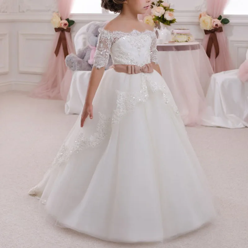 First Communion Dress Hollow Back Lace Up Appliques Bow Half Sleeves Shoulderless Ruffle Little Girl Christmas Tulle Trumpet cutout back ruffle hem button up cami dress