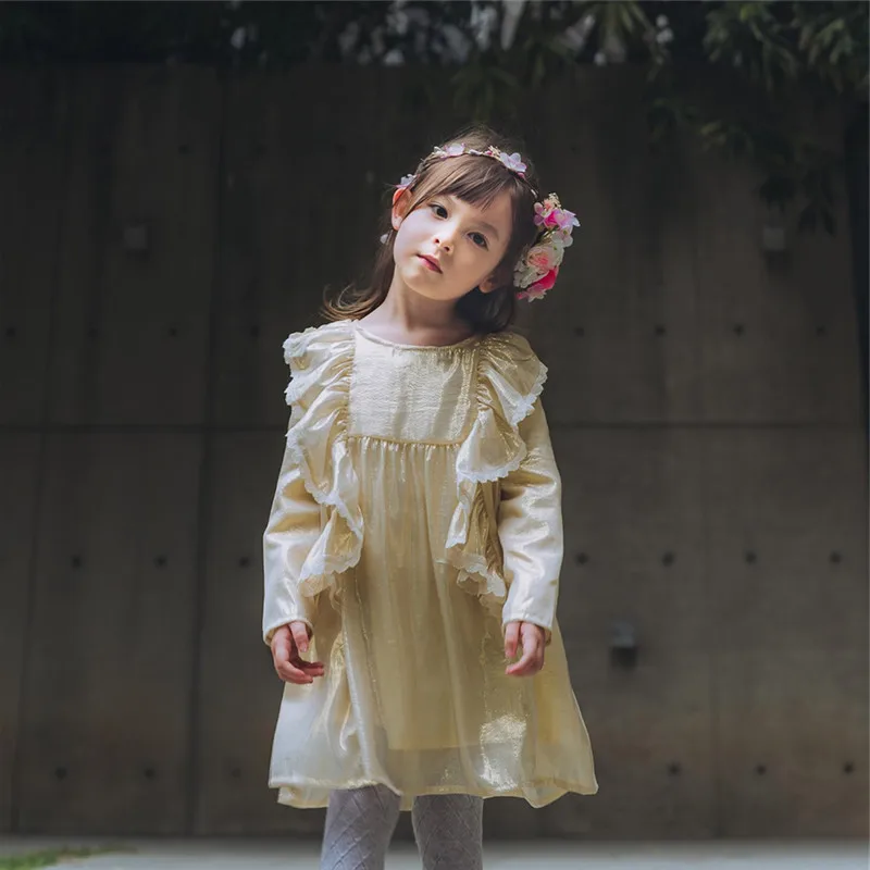 Винтаж принцессы для девочек шелковое платье с цветочным узором для девочек; сезон осень драпированные платья Vestidos с длинными рукавами детское платье для девочек, D1018