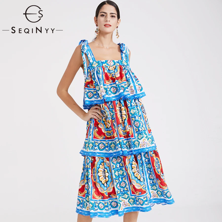 

SEQINYY Summer Dress High Quality Sleeveless Fashion Women's Plus Size 6XL Midi Flowers Printed Cascading Ruffle Blue Dress