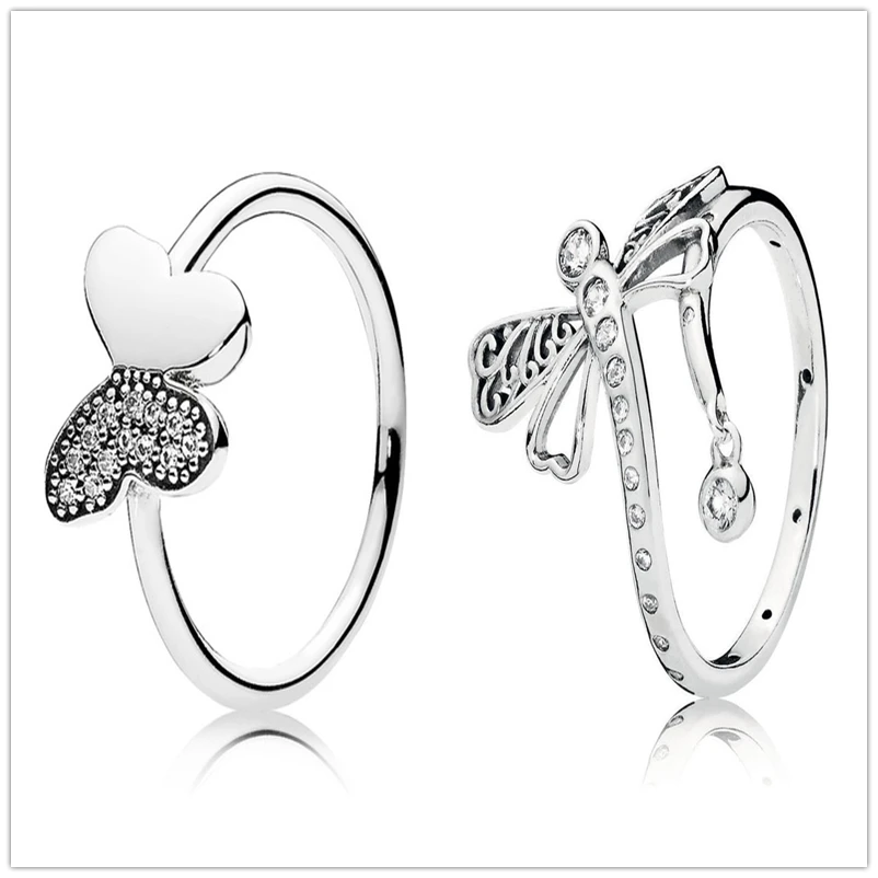 

SHINETUNG 1:1 S925 Sterling Silver Fluttering Butterfly & Dream Dragonfly Rings Fit Women Jewelry Gifts