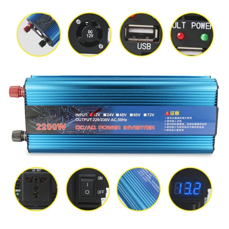 

Best Price 2200W DC12V to AC220V Adapter Power Converter LCD Digital Display Power Inverter Charger Vehicle Power Supply Switch