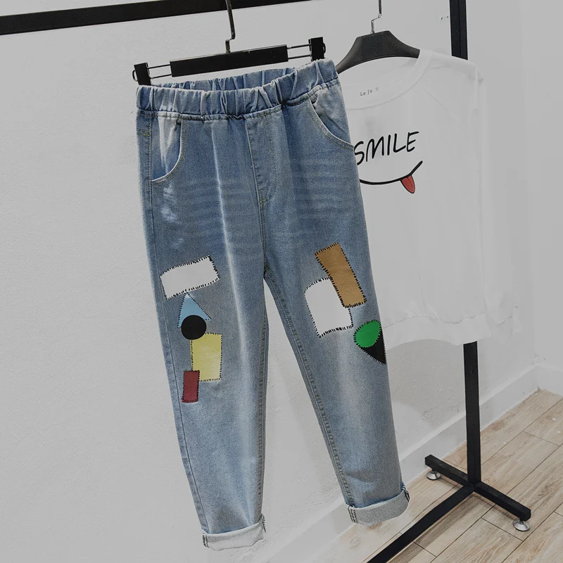 

2019 Spring Summer Autumn Boyfriend Harem Jeans for Women Loose High Waist Jeans Woman Elegant Patch Elastic Waist Denim Pants