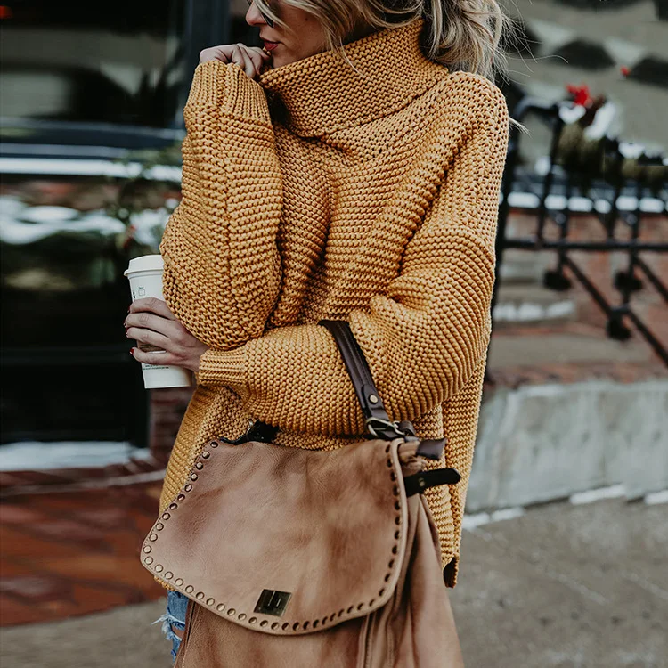 Danjeaner, зимний женский свитер с высоким воротом, плюс размер, Женский Повседневный Свободный теплый свитер с длинным рукавом, Теплый Женский вязаный пуловер - Цвет: yellow