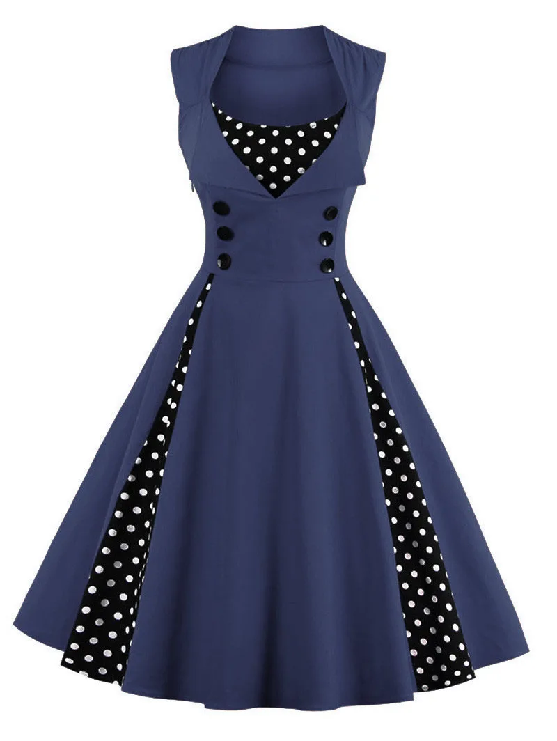 50s 60s винтажное Ретро женское платье без рукавов в горошек вечерние платья элегантное лоскутное красное платье трапециевидной формы Повседневное платье большого размера плюс 4XL - Цвет: Тёмно-синий