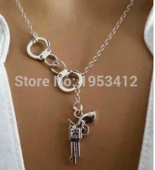 Police Handcuff Gun Necklace Pendant Tibetan Silver Charm Collar Statement Choker Necklace Fashion Women Jewelry Gift