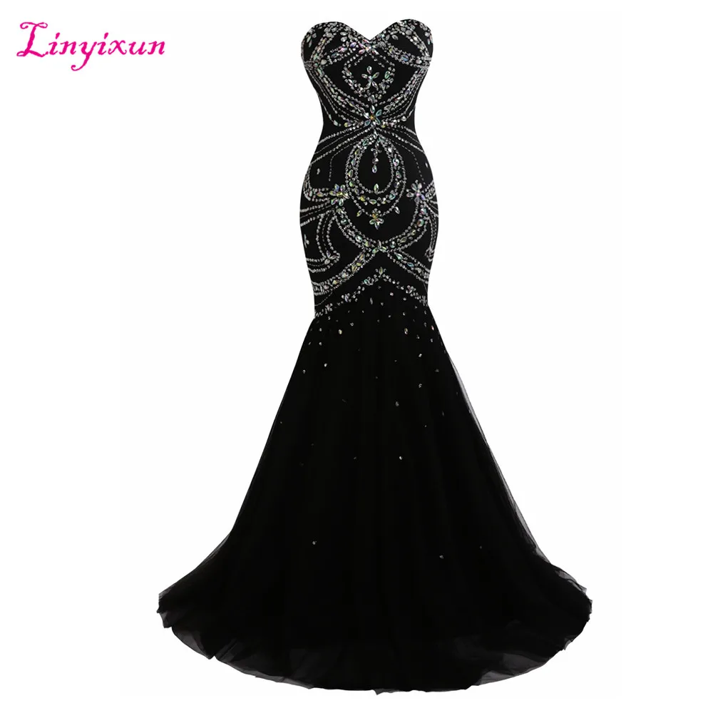 

Linyixun Real Photo Sexy Black Long Mermaid Prom Dresses 2017 New Sweetheart Beaded Party Evening Gown Luxury Robe de soiree