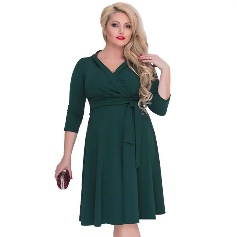 2018 hot Women Casual 3/4 Sleeve V Neck Midi Dress Ladies