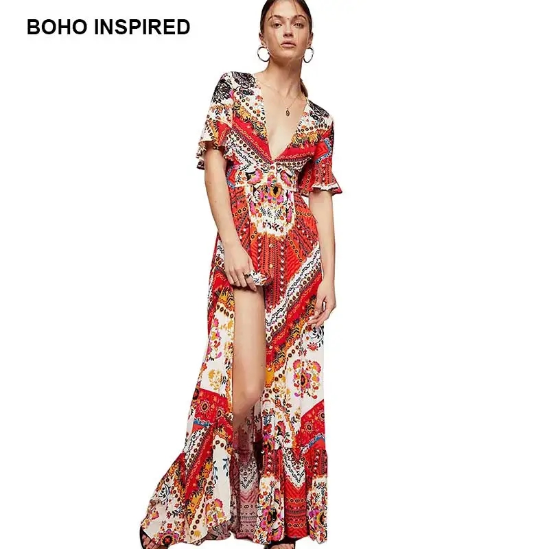 BOHO DRESS combo PRINTED MAXI DRESS SHORT SLEEVES RUFFLE TRIM summer