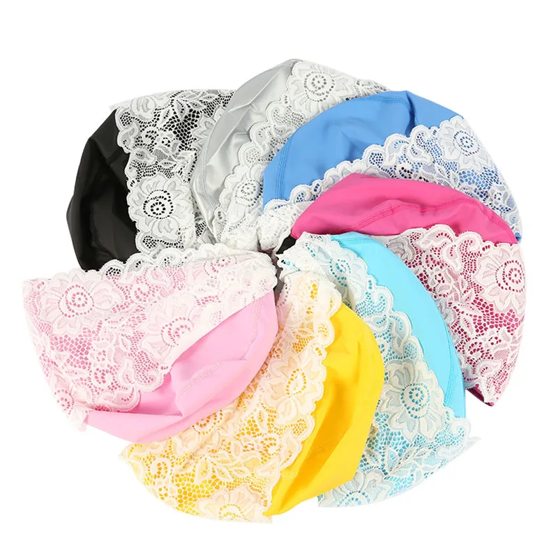Women Swimming Cap Bathing Swiming Hat Lace Flower Waterproof PU Coating Fabric Swim Pool Caps Protect Long Hair Ears for Women