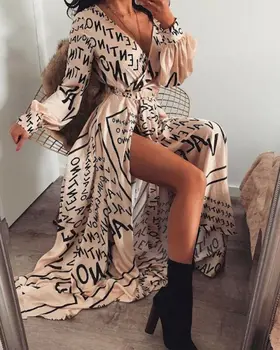 Women Sexy Letter Print Vintage V-neck Long Sleeve Slit Maxi Dress New Fashion Ladies Bandge Long Dress Beach Party Sundress slit print long flowing wrap plunge dress