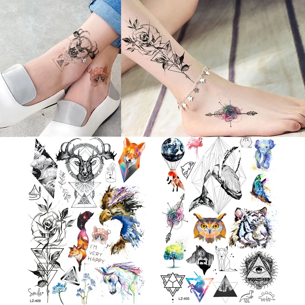 

Geometric Rose Flower Deer Tiger Fox Whale Tattoo Women Triangle Temporary Tattoo Sticker Men Tribal Wolf Body Art Fake Tatoos