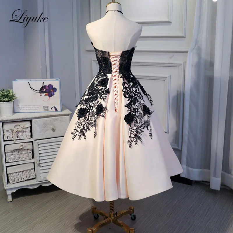 Liyuke Ruched Mix Black На Заказ новое платье для выпускного вечера A Line праздничное платье без бретелек до колена на шнуровке вечерние платья