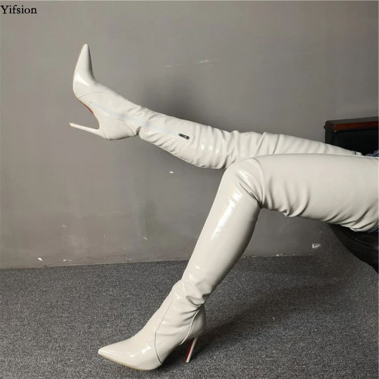 Women Thigh High Boots Stiletto Heels Pointed Toe Silver Club Shoes US Size 5-15
