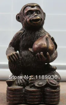 

7" Chinese Fengshui Bronze Zodiac Year Monkey Peach Coin Yuanbao Wealth Statue